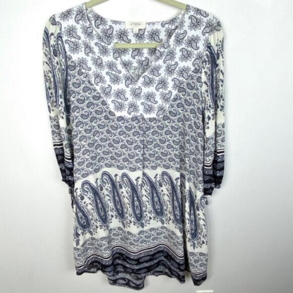 Umgee Blue White Printed V-Neck Dress Long Size Medium Floral Boho Bohemian Top - Picture 1 of 6